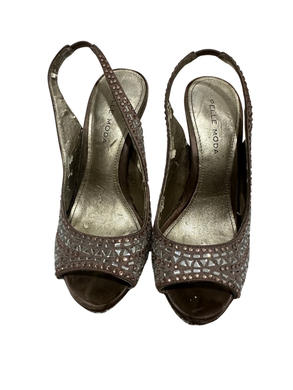 Pelle Moda Brown Rhinestone Peep-Toe Slingback Heels